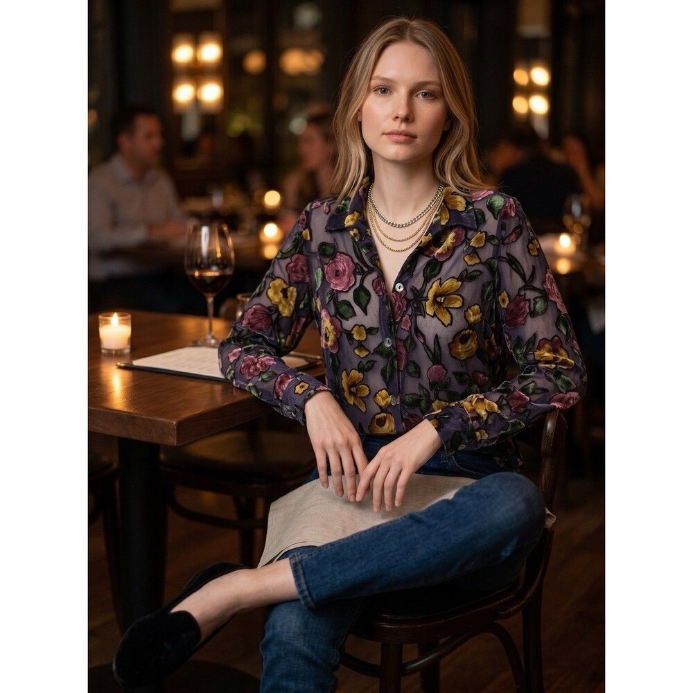 y2k USA Boho Velvet Floral Blouse Ruffle Collar Statement Top whimsigoth romanti